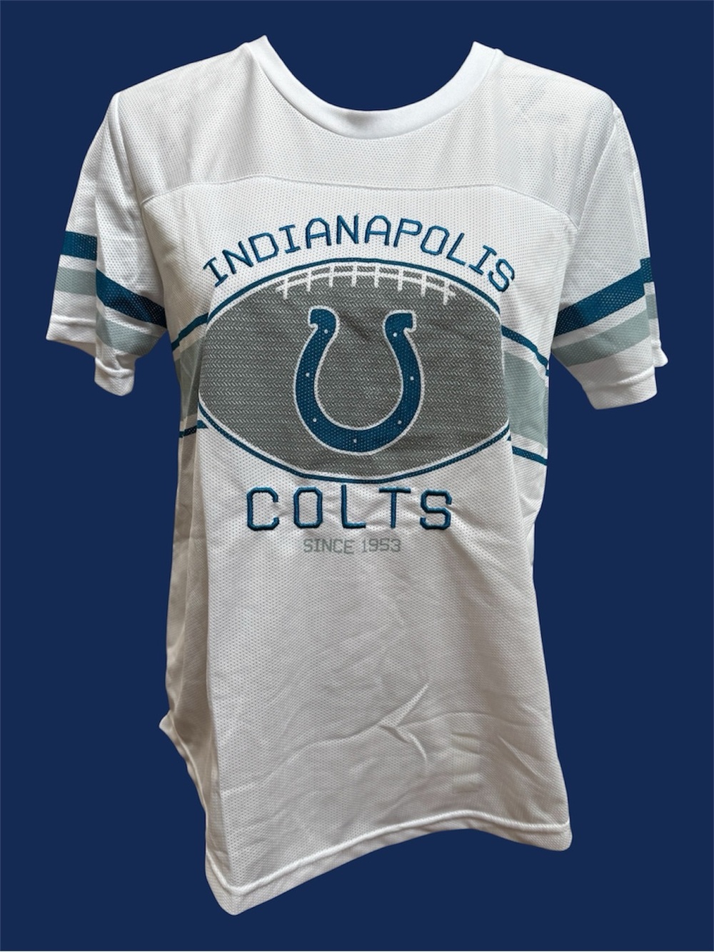 Indianapolis Colts Graphic Football Tee Shirt - White & Blue Women’s Fandom
